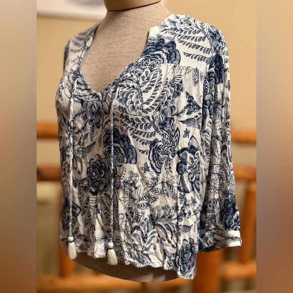 Lovestitch Blue & White Floral Tassel Blouse | Size S - Picture 3 of 6